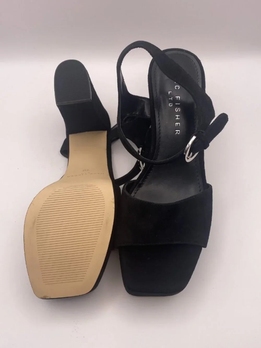 Marc Fisher LTD Women Cinthia Black Leather Platform Heel Sandal Sz 7